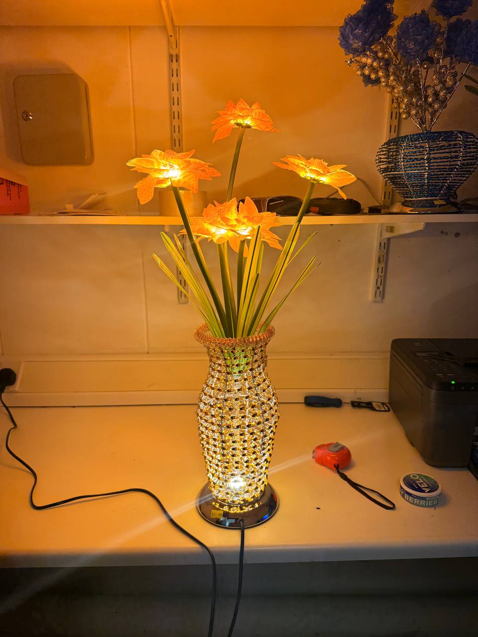 LED Light Up Flower Vase Table Lamp Decorative Crystal Style Home Decor Gift